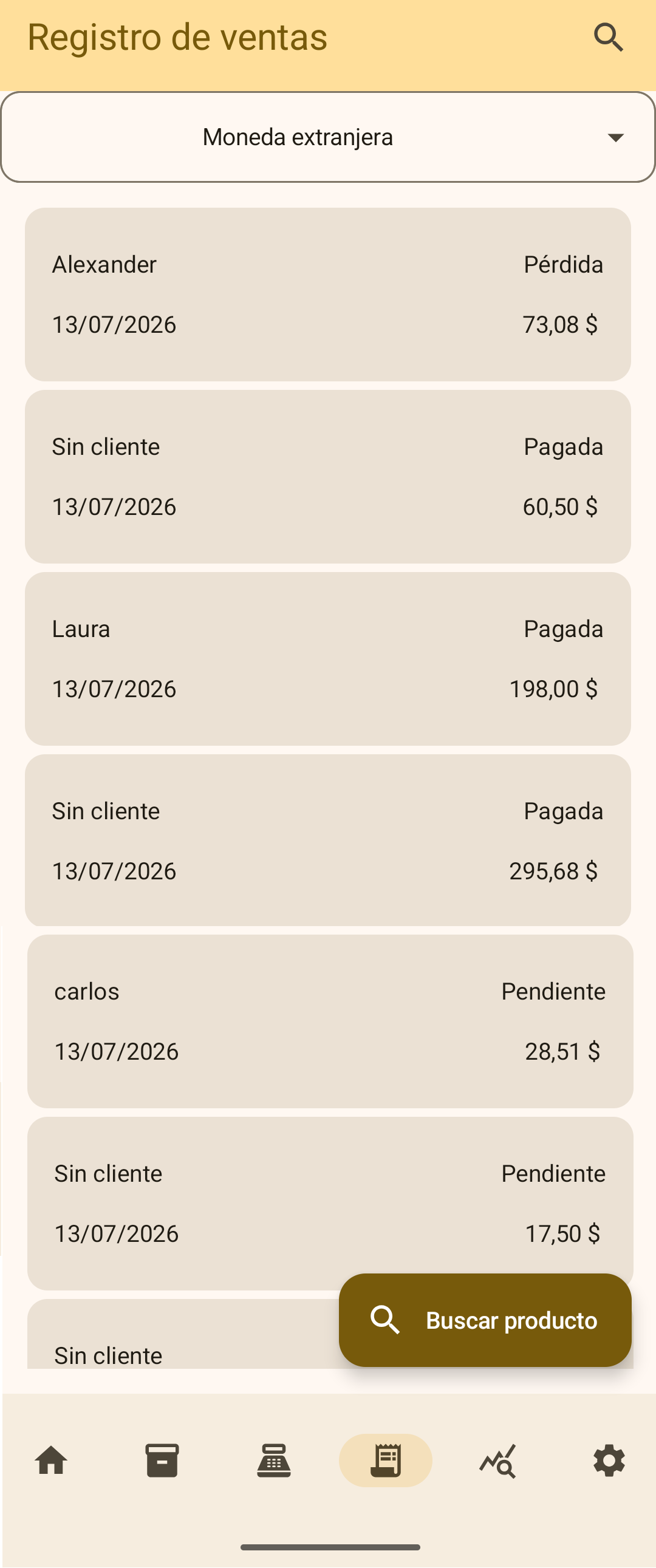 Historial general y registro de ventas en Finzaly
