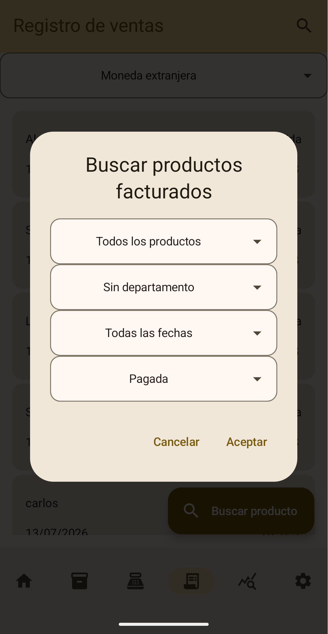 Filtros dinámicos y búsqueda de productos facturados