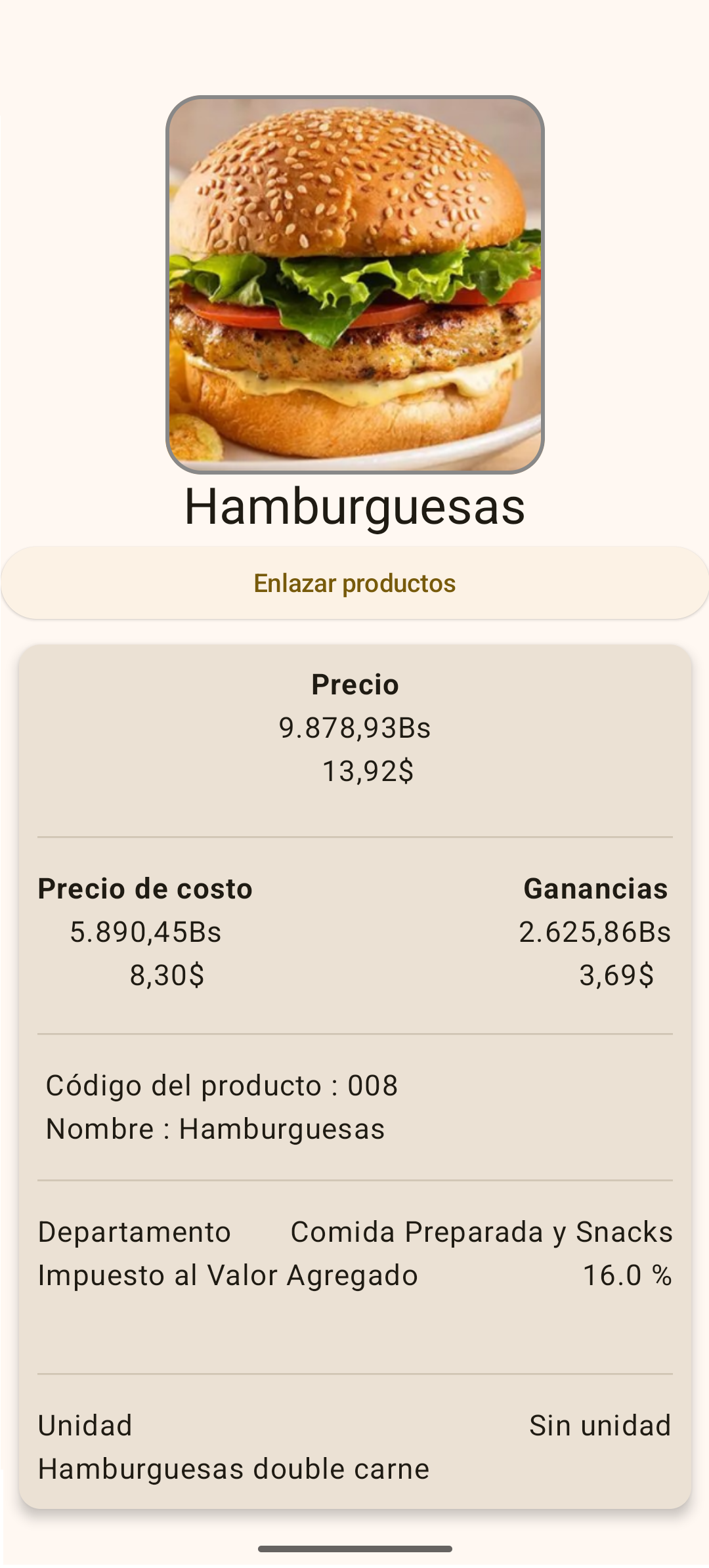 Estructura de costos y ganancias de un producto en Finzaly
