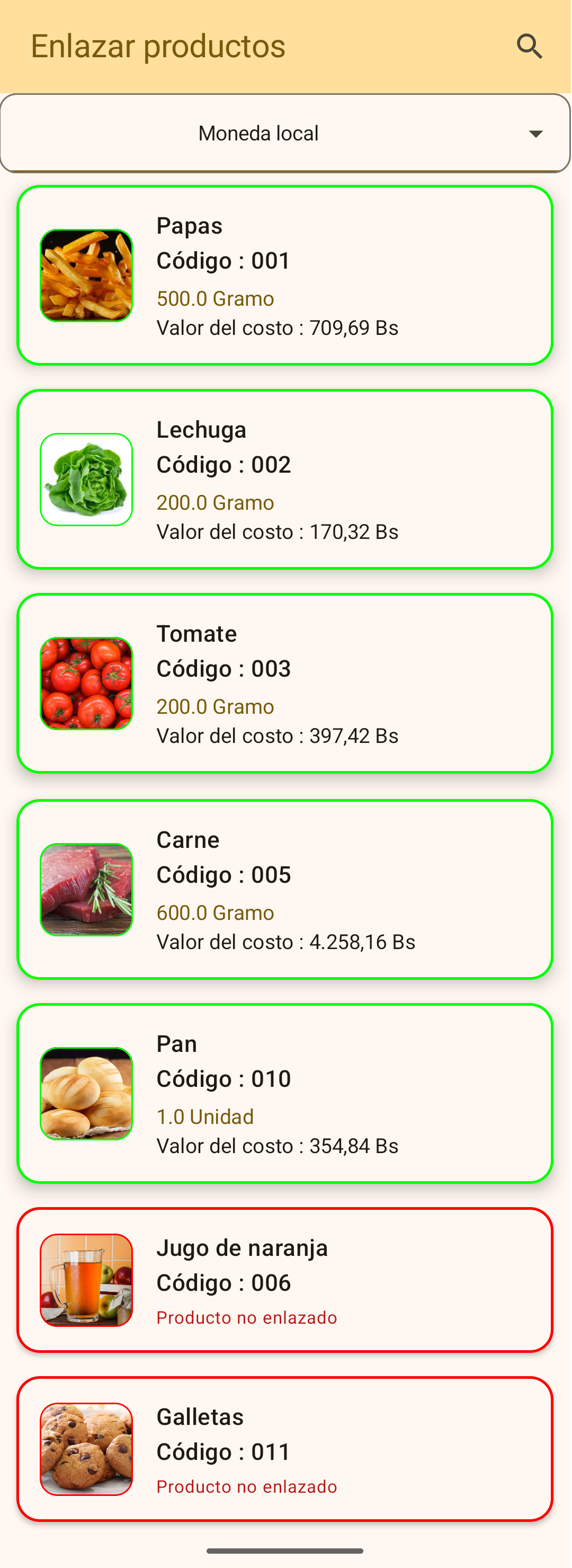 Filtro de enlazado de materias primas e ingredientes en Finzaly